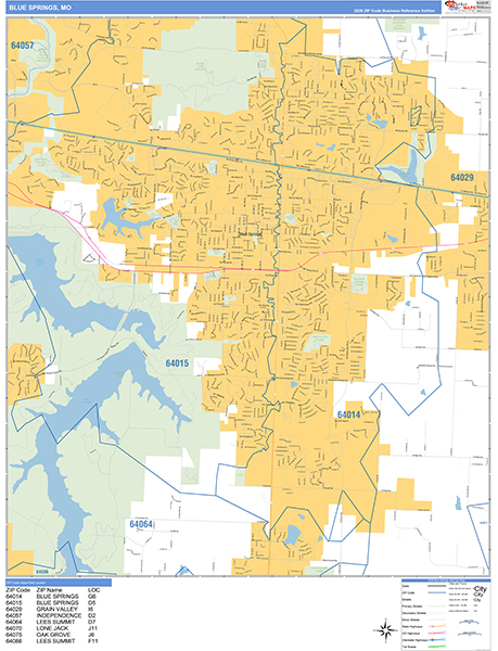 Blue Springs City Wall Map Basic Style